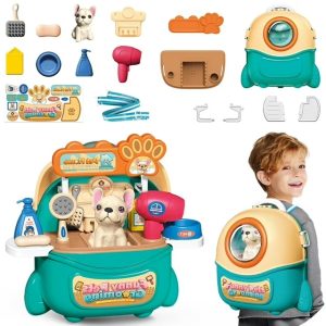 2025 Pet Care Play Set Doctor Kit For Kids, 16 Pcs Doctor Pretend Play Vet Dog Grooming Toys Puppy Dog Carrier Feeding Dog Backpack Gifts.