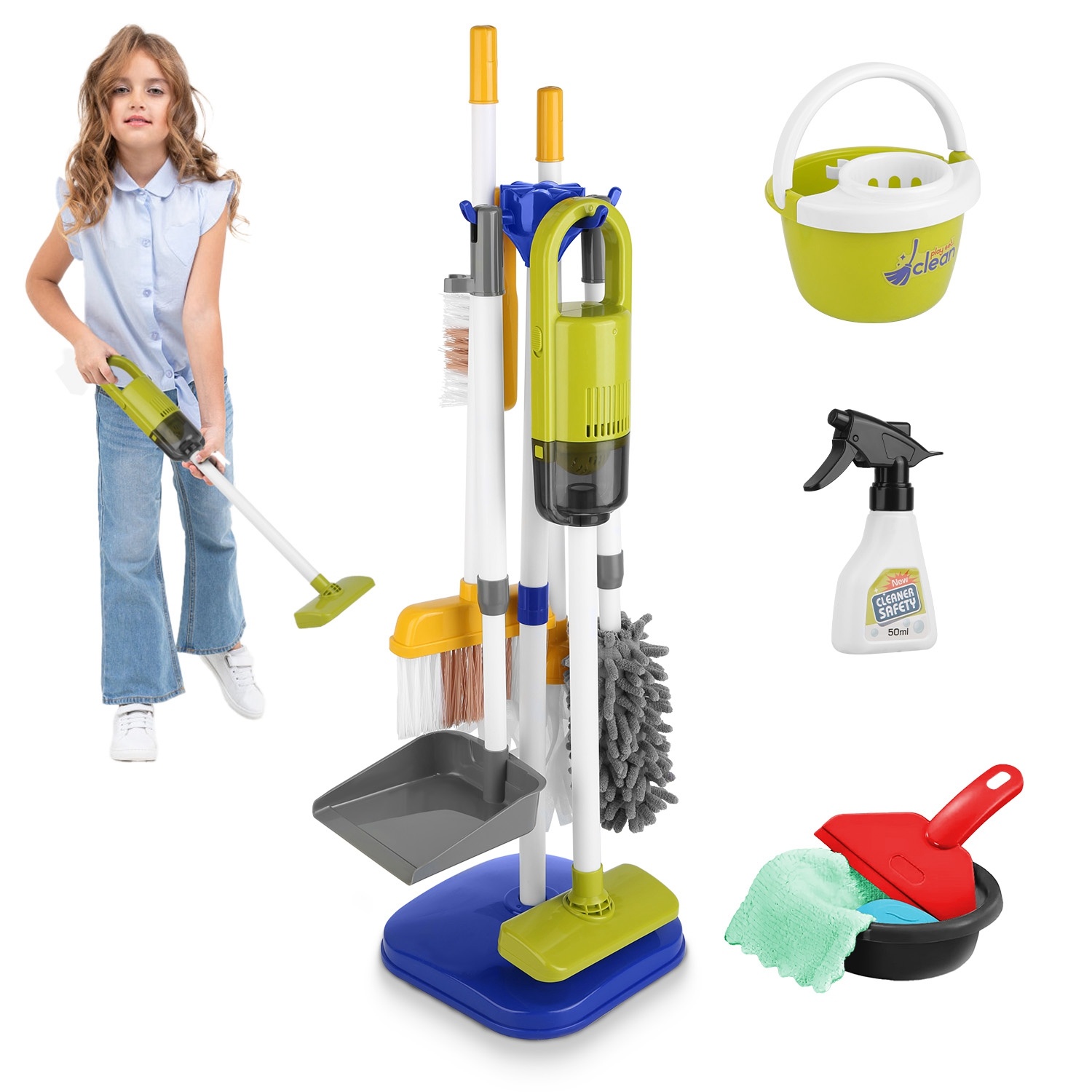 Set Of 14Pcs Kids Cleaning Toy Set Toddler Housekeeping Pretend Play Kit With Vacuum Cleaner Broom Mop Organization Stand For Boys Girls Aged 3 4 5 - Image 3