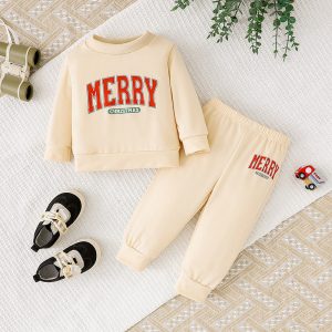 Baby Girls 2Pcs Christmas Outfits MERRY Christmas Letter Print Round Neck Long Sleeve Sweatshirt & Pants Set