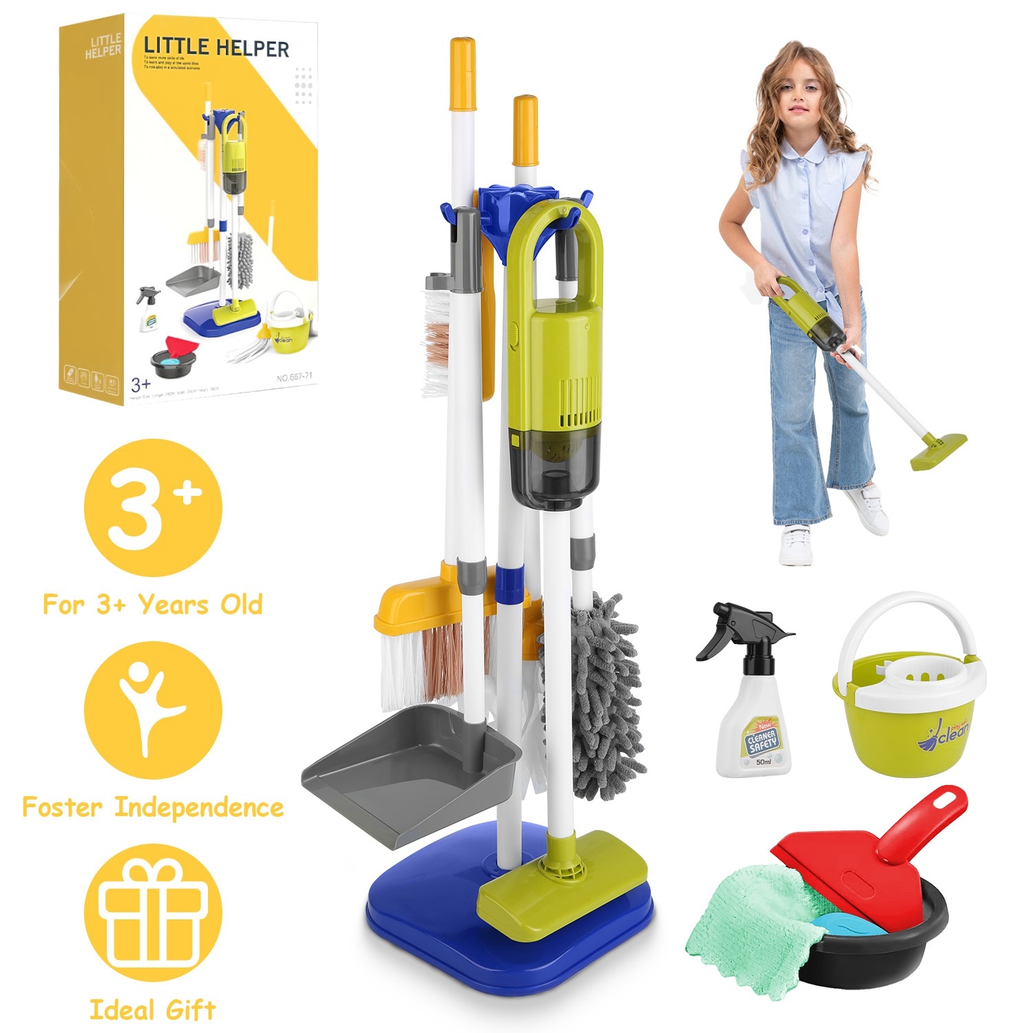 Set Of 14Pcs Kids Cleaning Toy Set Toddler Housekeeping Pretend Play Kit With Vacuum Cleaner Broom Mop Organization Stand For Boys Girls Aged 3 4 5