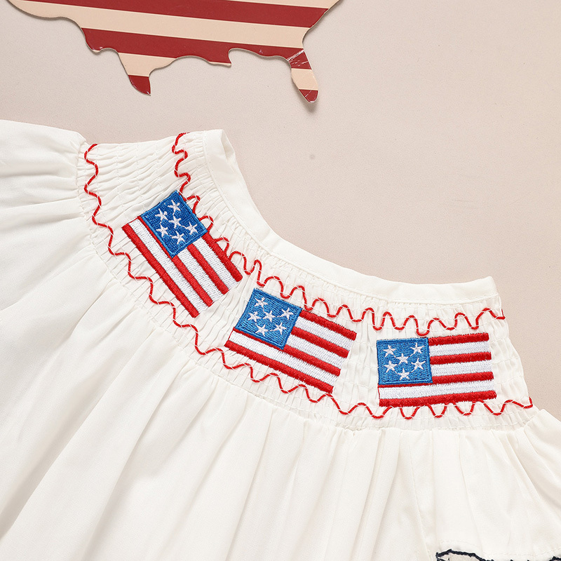 Baby Girl 4th Of July Bubble Romper, Smocked Fly Sleeve Bodysuit With American Flag Embroidery - Image 7