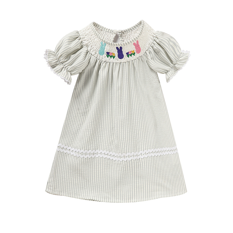 Infant Baby Girls' Easter Bunny Smocked Dress Embroidered Short Sleeve Casual Summer Dress - Image 2