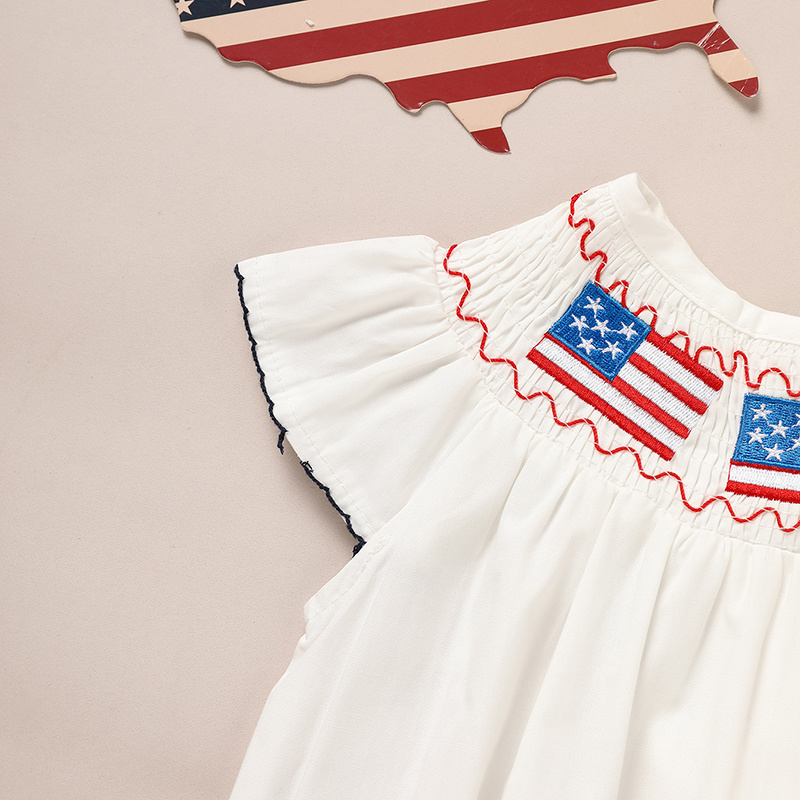 Baby Girl 4th Of July Bubble Romper, Smocked Fly Sleeve Bodysuit With American Flag Embroidery - Image 8