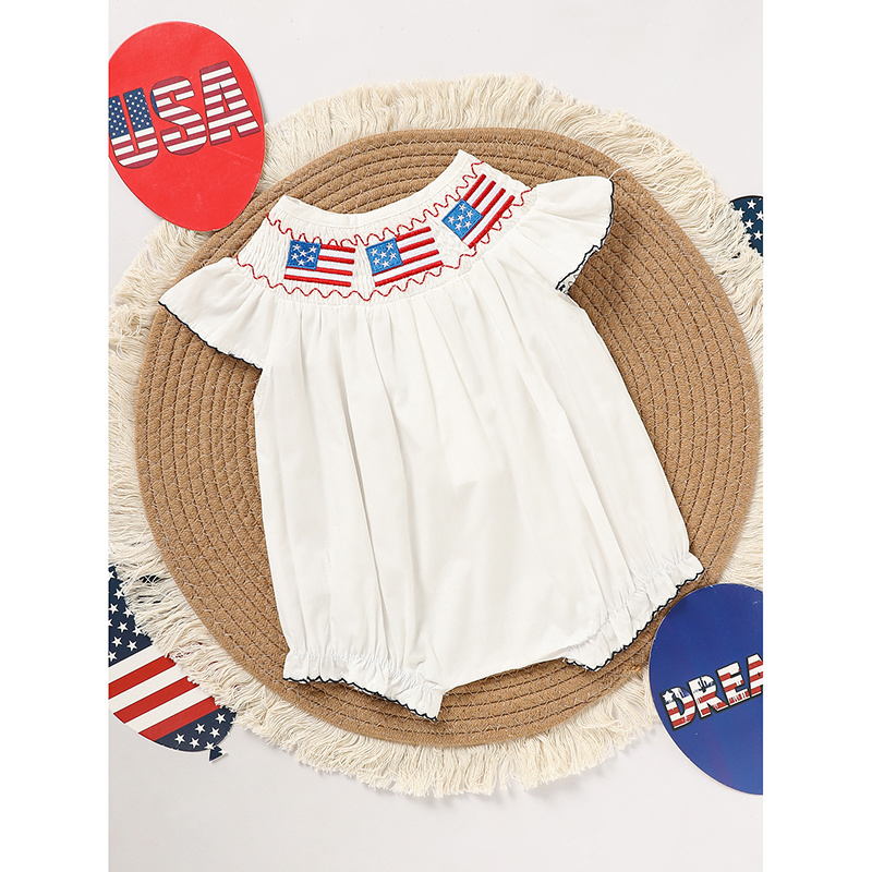 Baby Girl 4th Of July Bubble Romper, Smocked Fly Sleeve Bodysuit With American Flag Embroidery - Image 6