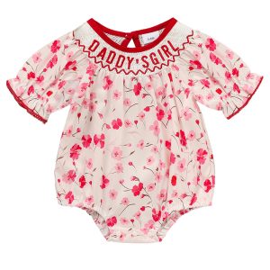 Infant Girls' Floral Smocked Romper 'DADDY'S Girl' Embroidery Short Sleeve Crew Neck Adorable Princess Party Bodysuit