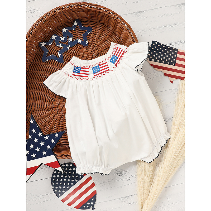 Baby Girl 4th Of July Bubble Romper, Smocked Fly Sleeve Bodysuit With American Flag Embroidery - Image 9