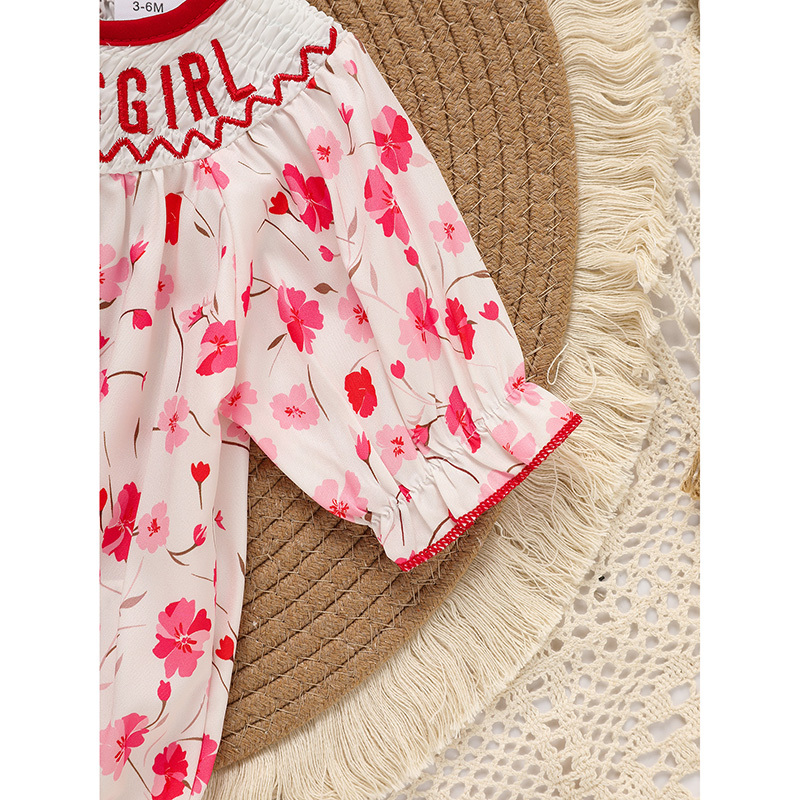 Infant Girls' Floral Smocked Romper 'DADDY'S Girl' Embroidery Short Sleeve Crew Neck Adorable Princess Party Bodysuit - Image 8