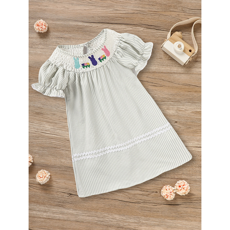 Infant Baby Girls' Easter Bunny Smocked Dress Embroidered Short Sleeve Casual Summer Dress - Image 10
