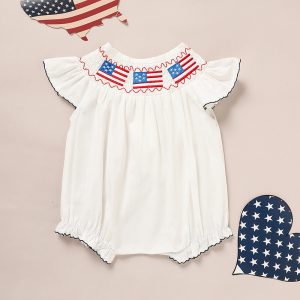 Baby Girl 4th Of July Bubble Romper, Smocked Fly Sleeve Bodysuit With American Flag Embroidery