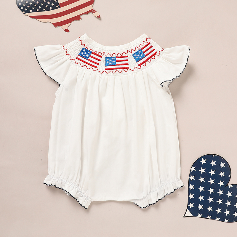 Baby Girl 4th Of July Bubble Romper, Smocked Fly Sleeve Bodysuit With American Flag Embroidery
