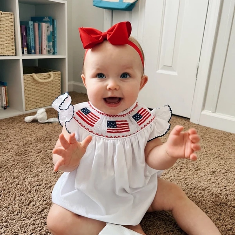 Baby Girl 4th Of July Bubble Romper, Smocked Fly Sleeve Bodysuit With American Flag Embroidery - Image 3