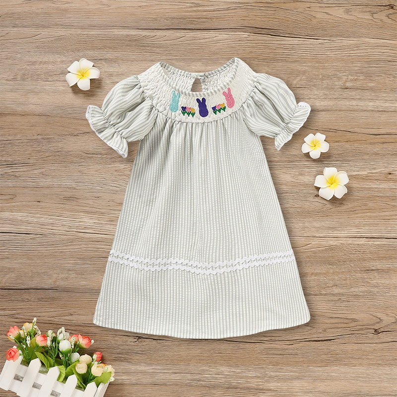 Infant Baby Girls' Easter Bunny Smocked Dress Embroidered Short Sleeve Casual Summer Dress - Image 7