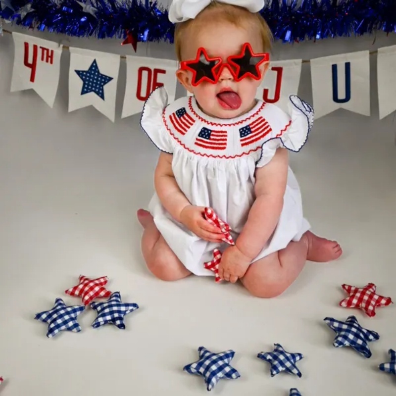 Baby Girl 4th Of July Bubble Romper, Smocked Fly Sleeve Bodysuit With American Flag Embroidery - Image 2