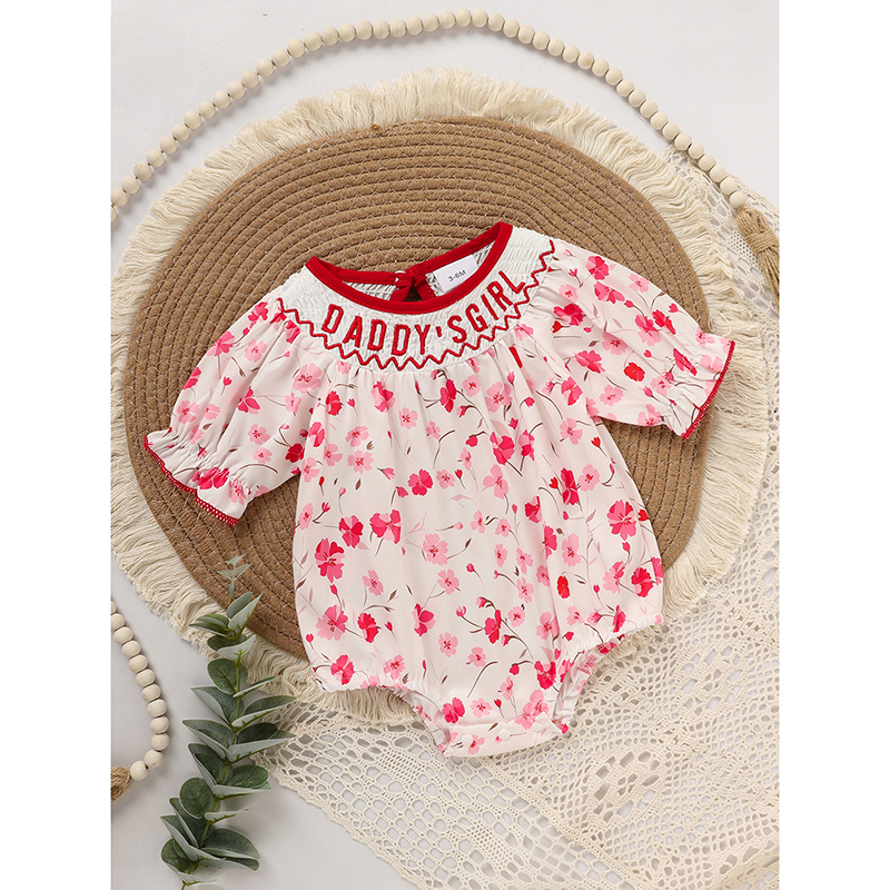 Infant Girls' Floral Smocked Romper 'DADDY'S Girl' Embroidery Short Sleeve Crew Neck Adorable Princess Party Bodysuit - Image 9