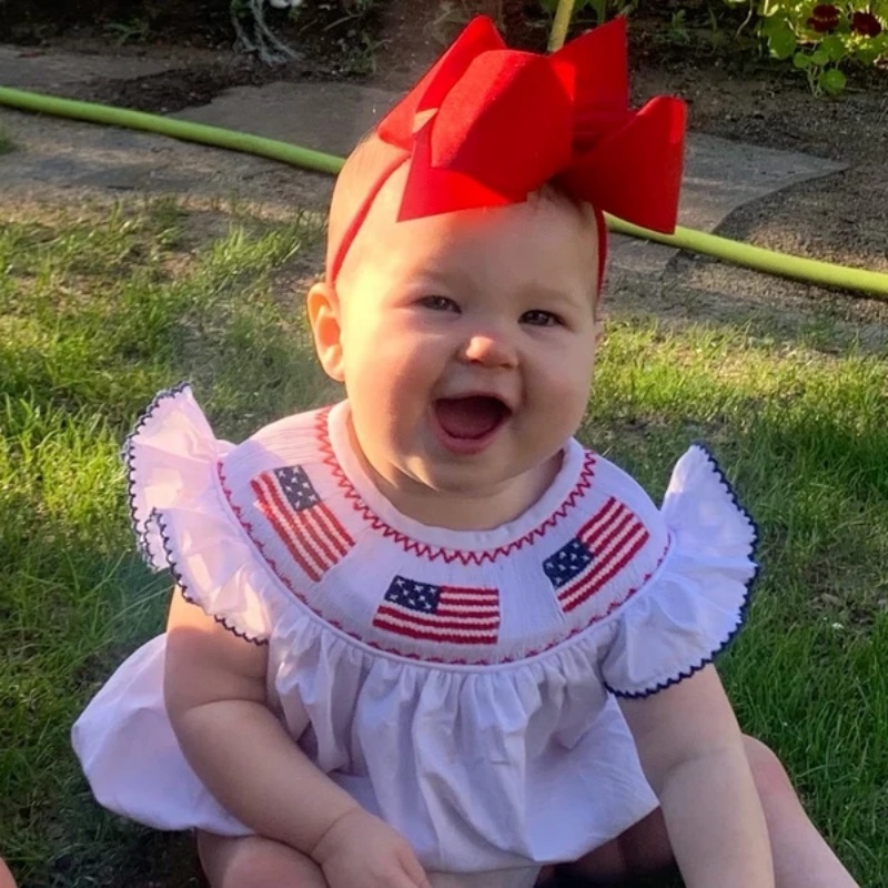 Baby Girl 4th Of July Bubble Romper, Smocked Fly Sleeve Bodysuit With American Flag Embroidery - Image 4