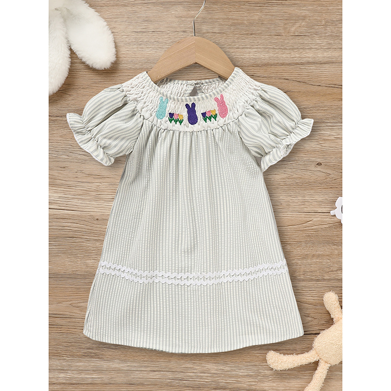 Infant Baby Girls' Easter Bunny Smocked Dress Embroidered Short Sleeve Casual Summer Dress