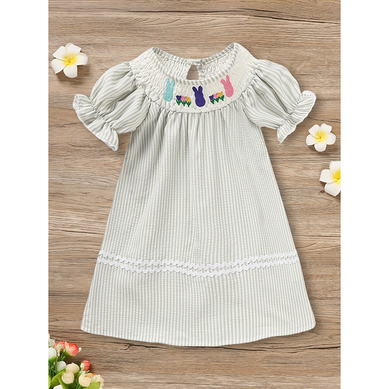 Infant Baby Girls' Easter Bunny Smocked Dress Embroidered Short Sleeve Casual Summer Dress - Image 3