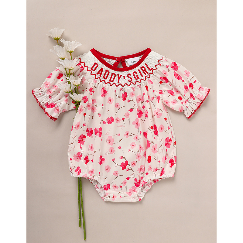 Infant Girls' Floral Smocked Romper 'DADDY'S Girl' Embroidery Short Sleeve Crew Neck Adorable Princess Party Bodysuit - Image 6