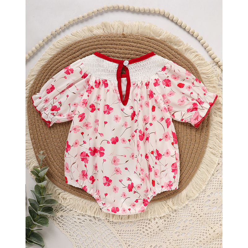 Infant Girls' Floral Smocked Romper 'DADDY'S Girl' Embroidery Short Sleeve Crew Neck Adorable Princess Party Bodysuit - Image 2